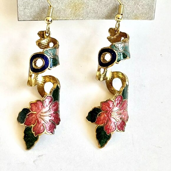 Vintage Red Hibiscus Flower Cloisonne Earrings Enamel Dangle Gold Tone Taiwan - Picture 1 of 11